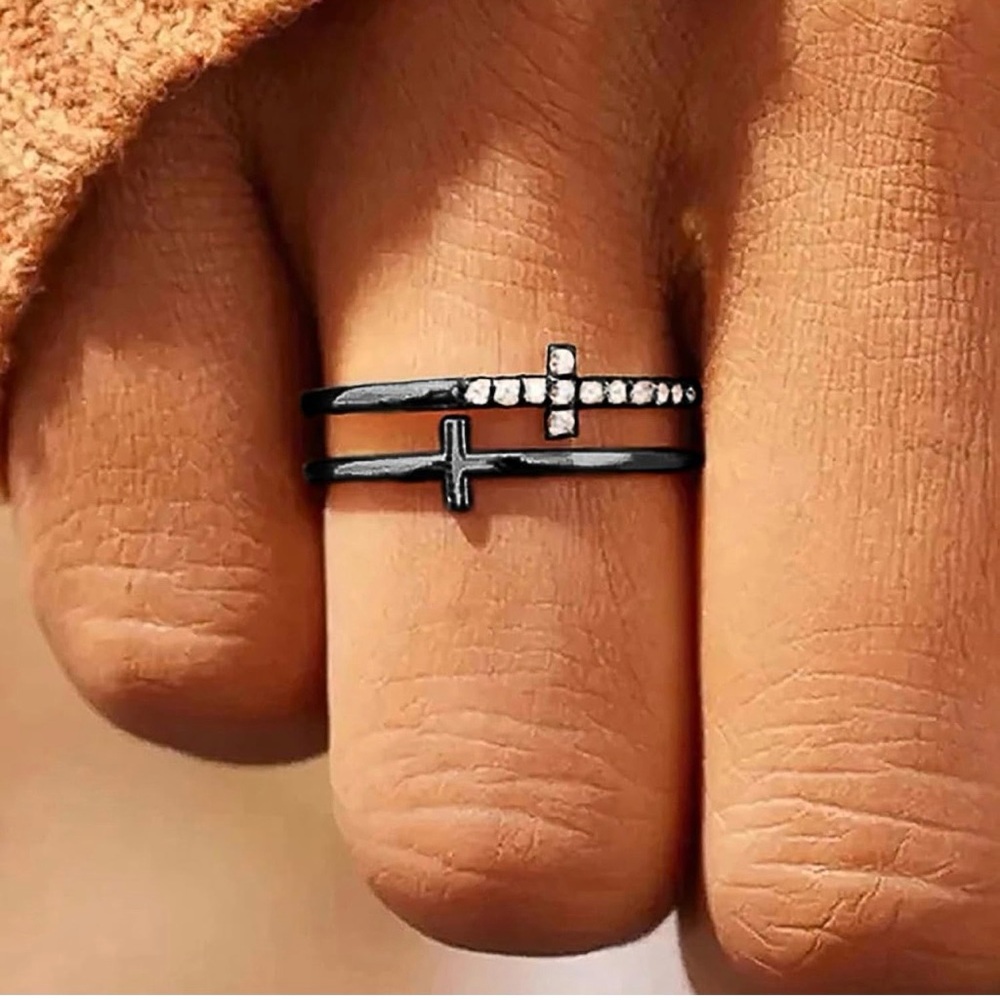 Black Double Cross Ring with CZ accents